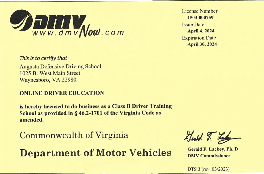 Augusta Defensive Driving School, Waynesboro, VA3X Failure Course